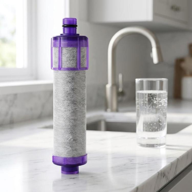 Purple-ring activated carbon filter cartridge with gray carbon media and top seal