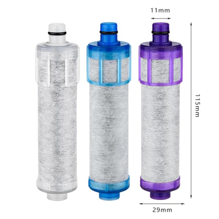 Activated carbon filter cartridge sizes shown: clear, blue, and purple variants