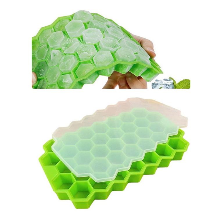 Honeycomb silicone ice cube tray set with translucent mold and bright green base