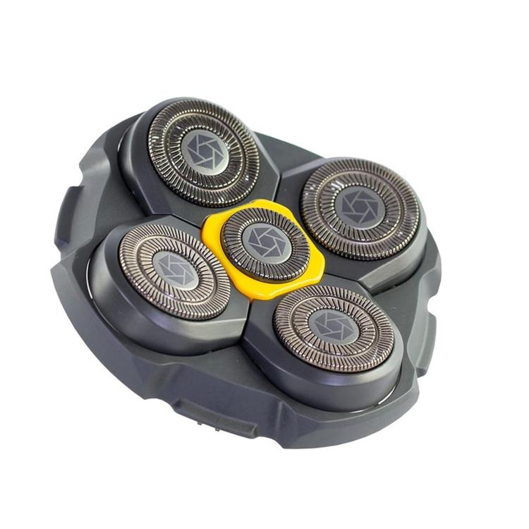 Electric shaver replacement head with five round foil cutters, yellow center detail