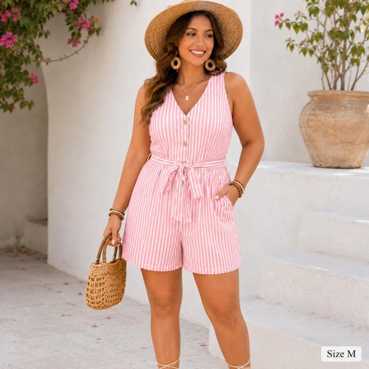 V-Neck Sleeveless Striped Jumpsuit Shorts, S, M, L, XL
