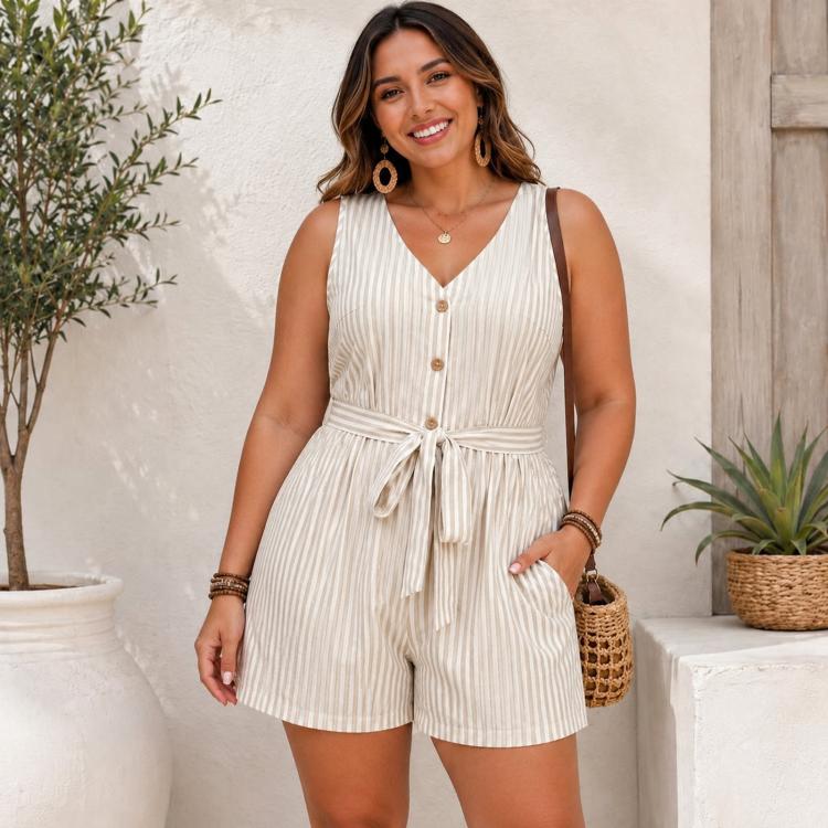 Light striped V-neck sleeveless romper shorts with button front and tied waist