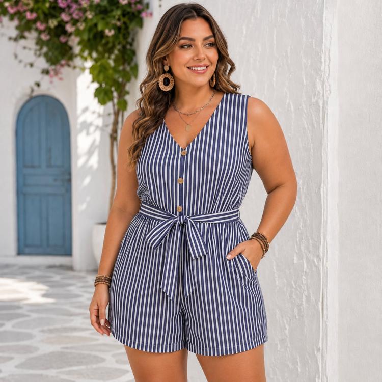 Navy striped V-neck sleeveless romper shorts with button front and bow-tied waist