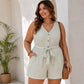 Light striped V-neck sleeveless romper shorts with button front and tied waist