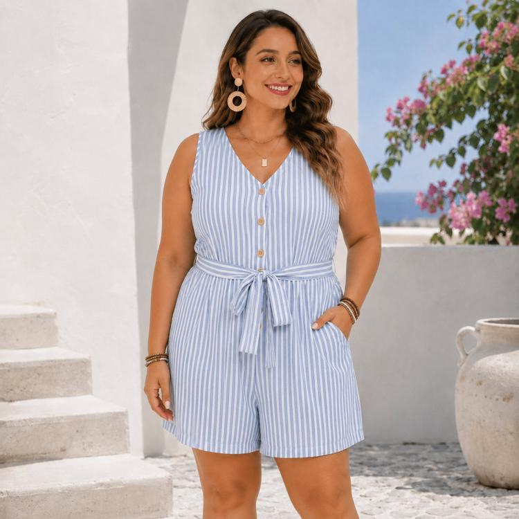 V-Neck Sleeveless Striped Jumpsuit Shorts, S, M, L, XL