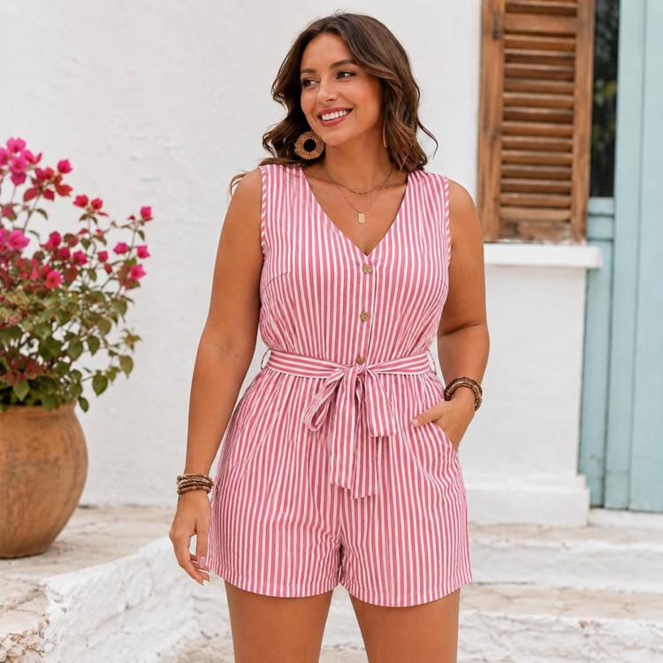 V-Neck Sleeveless Striped Jumpsuit Shorts, S, M, L, XL