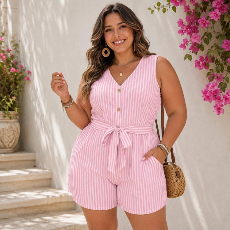 V-Neck Sleeveless Striped Jumpsuit Shorts, S, M, L, XL