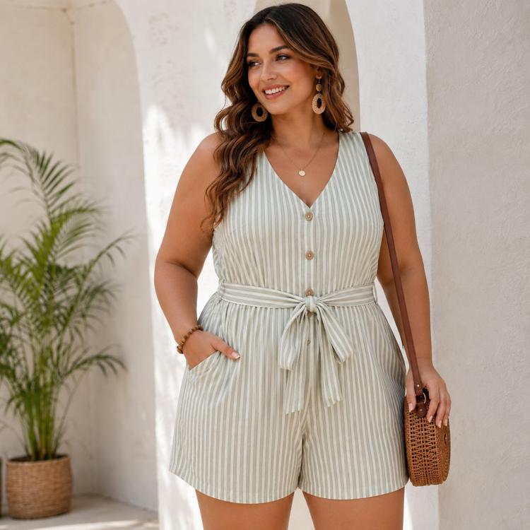 V-Neck Sleeveless Striped Jumpsuit Shorts, S, M, L, XL