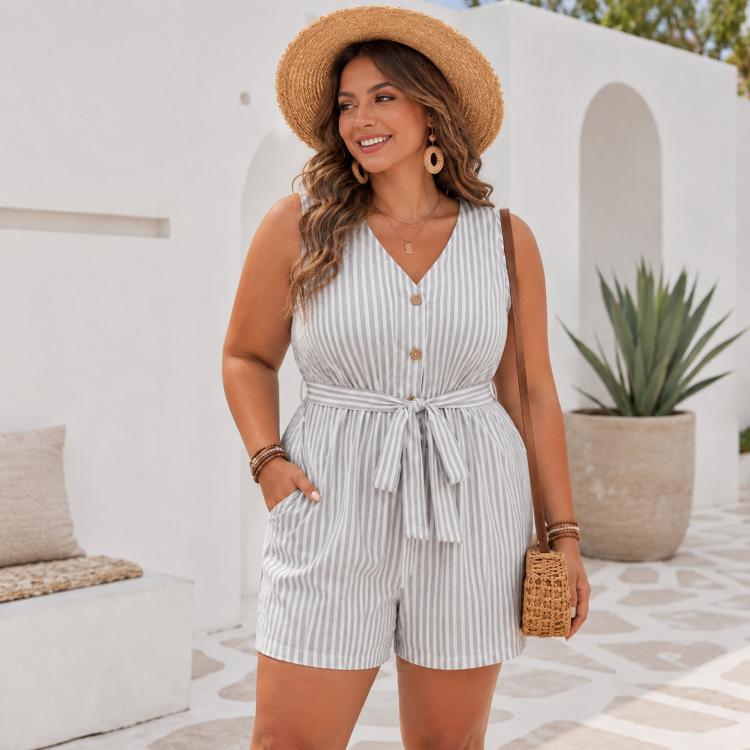 V-Neck Sleeveless Striped Jumpsuit Shorts, S, M, L, XL