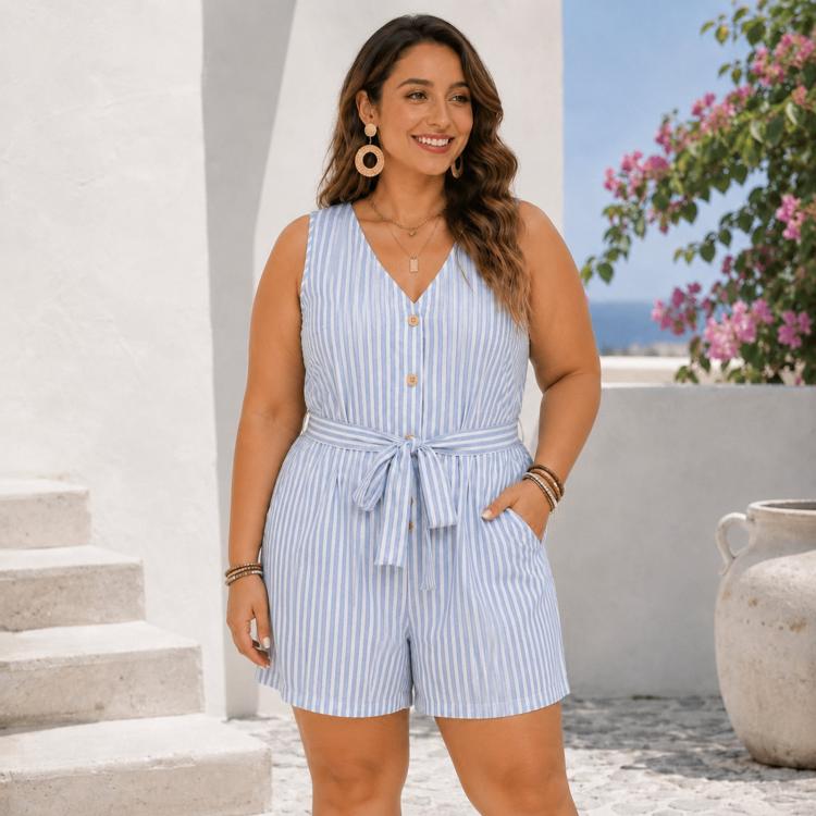 V-Neck Sleeveless Striped Jumpsuit Shorts, S, M, L, XL