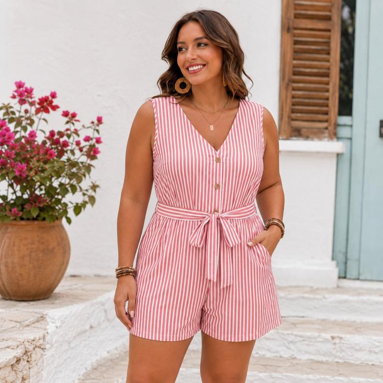V-Neck Sleeveless Striped Jumpsuit Shorts, S, M, L, XL