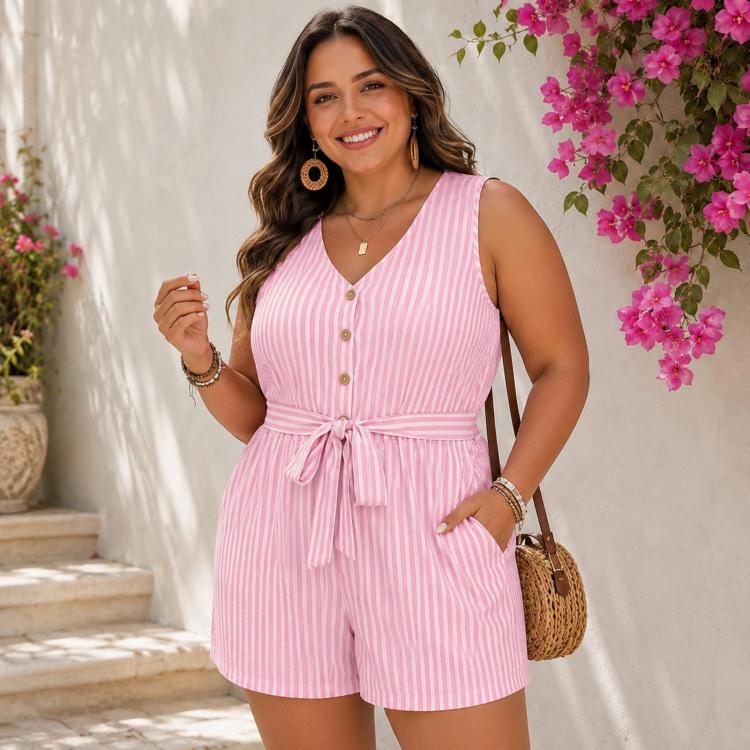V-Neck Sleeveless Striped Jumpsuit Shorts, S, M, L, XL