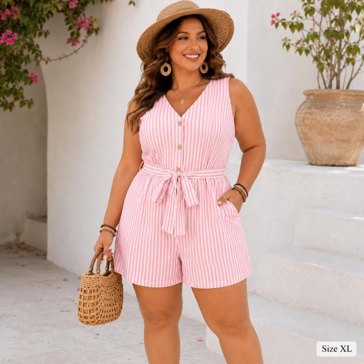 V-Neck Sleeveless Striped Jumpsuit Shorts, S, M, L, XL