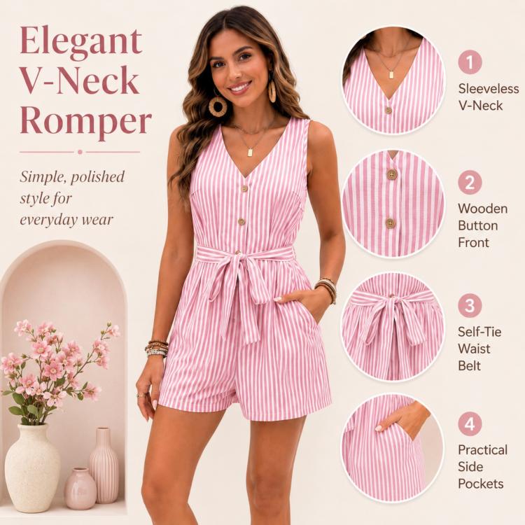 V-Neck Sleeveless Striped Jumpsuit Shorts, S, M, L, XL