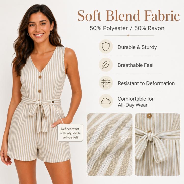 V-Neck Sleeveless Striped Jumpsuit Shorts, S, M, L, XL