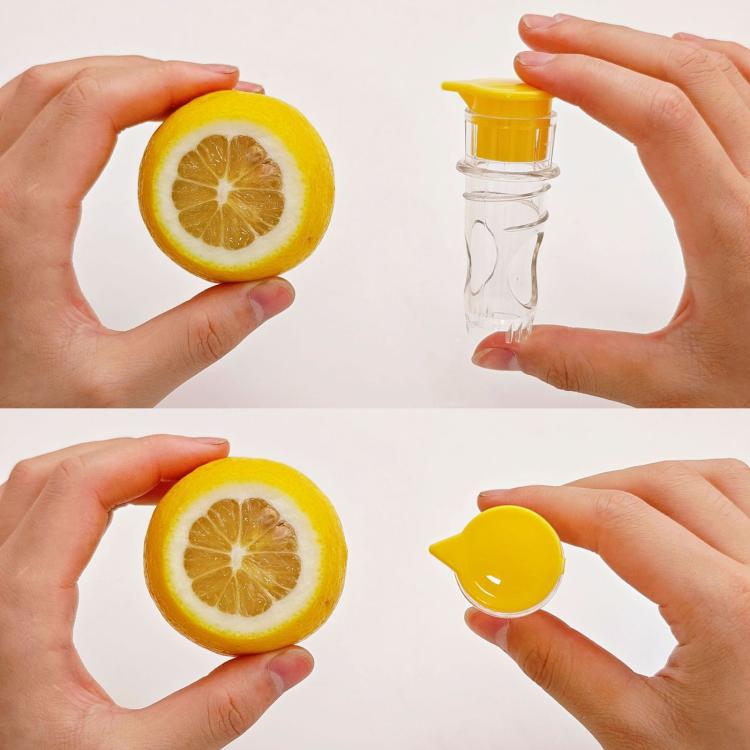Manual citrus juicer bottle with yellow cap and clear chamber, in hands.