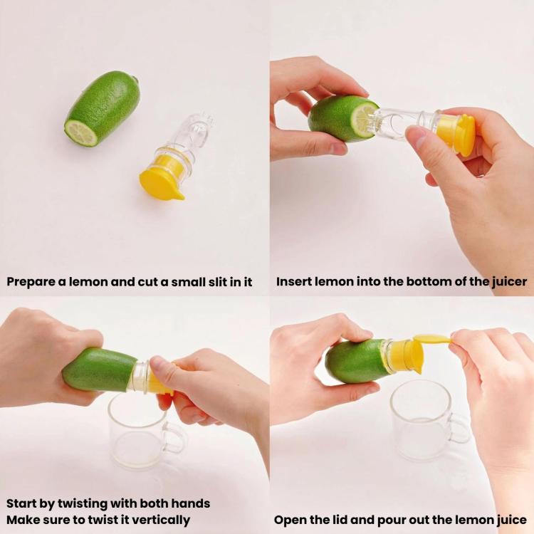 Manual citrus juicer bottle set with green and yellow caps, shown with hands.