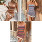 Striped mini sundress shown front and back, with crisscross straps