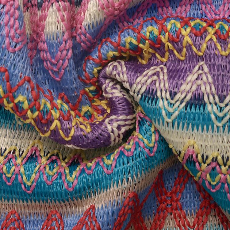 Close-up of multicolor embroidered knit pattern on sundress