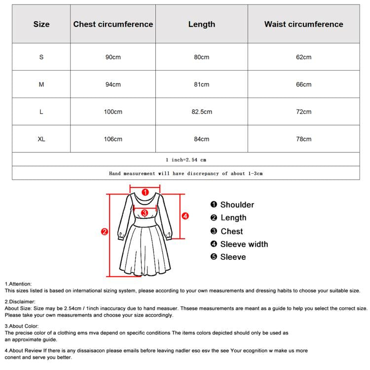 Sundress size chart table with chest, length, and waist measurements
