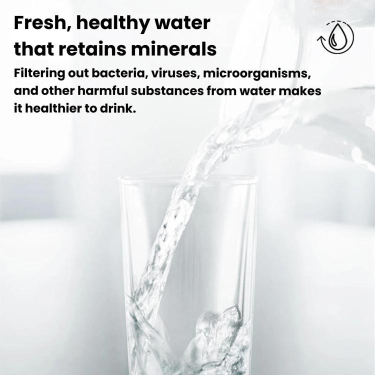Faucet water filter promoting mineral-retaining water flow into glass