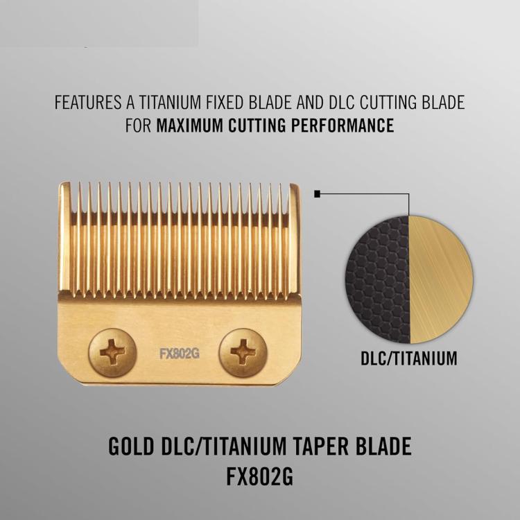 Gold DLC/titanium taper clipper blade FX802G with feature callout