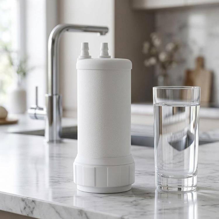 White faucet water filter cartridge with top caps and bottom locking collar