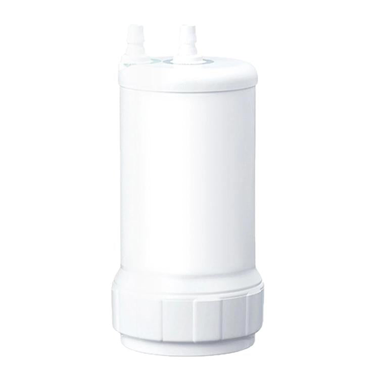 White cylindrical water filter cartridge with top and base collar