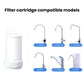 White replacement filter cartridge with compatible faucet connector options