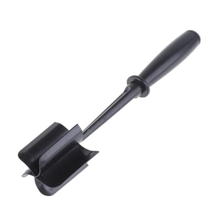 Black handheld meat mincer with wide pinwheel base and long grip handle