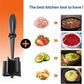 Black handheld meat mincer tool with pinwheel blade head and long handle