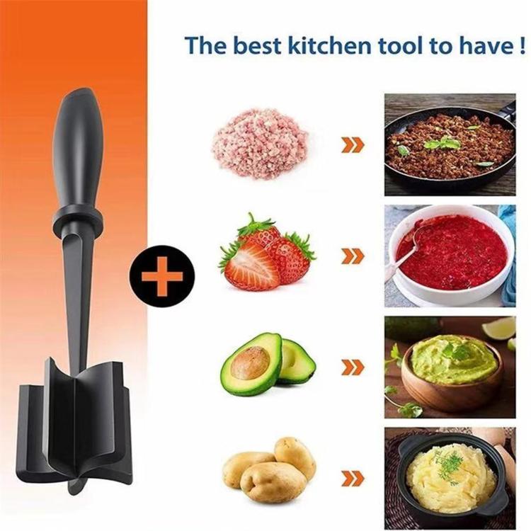 Black handheld meat mincer tool with pinwheel blade head and long handle
