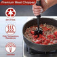 Black handheld meat chopper tool with pinwheel blades in a frying pan
