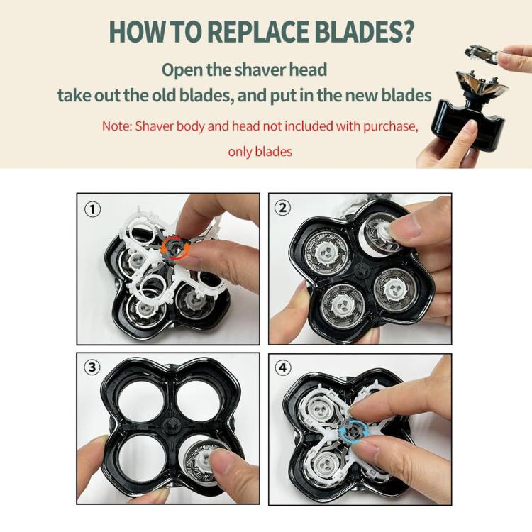 Replacement blade installation steps for a 4-rotor shaver head set.