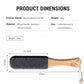 Wooden foot file with dark abrasive pad, showing product dimensions and handle shape
