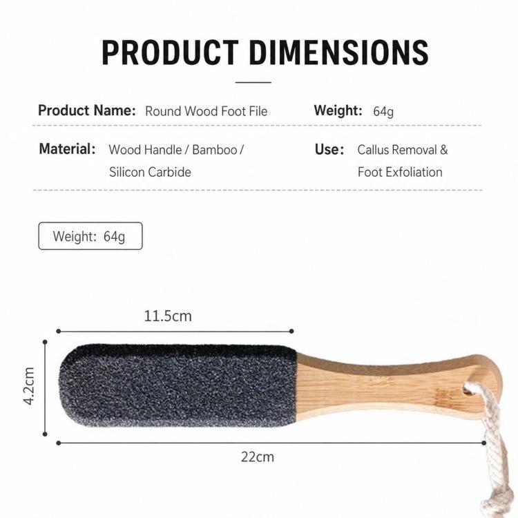 Wooden foot file with dark abrasive pad, showing product dimensions and handle shape