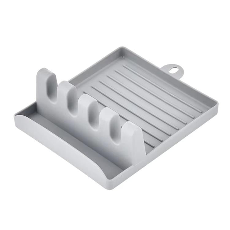 Gray silicone spatula holder tray with slotted insert for utensils and draining