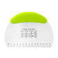 Graduated stainless steel dough cutter with neon green curved scraper, top view