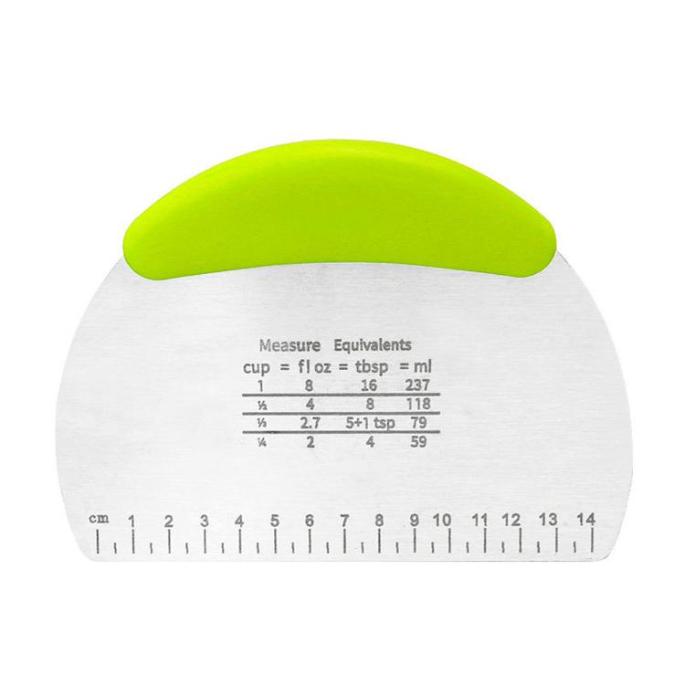 Graduated stainless steel dough cutter with neon green curved scraper, top view