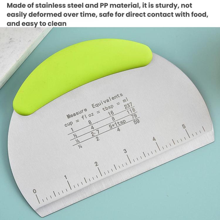 Stainless steel dough cutter with neon green scraper and etched measuring guide