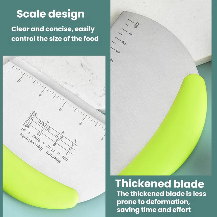 Stainless steel dough cutter with thickened neon green scraper and angled ruler scale