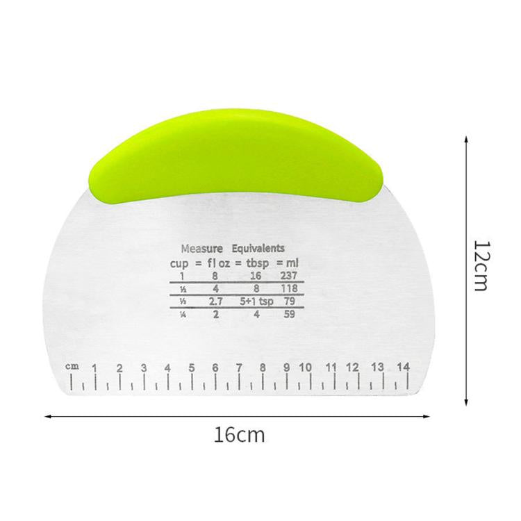 Graduated stainless steel dough cutter with neon green scraper, labeled 16cm width