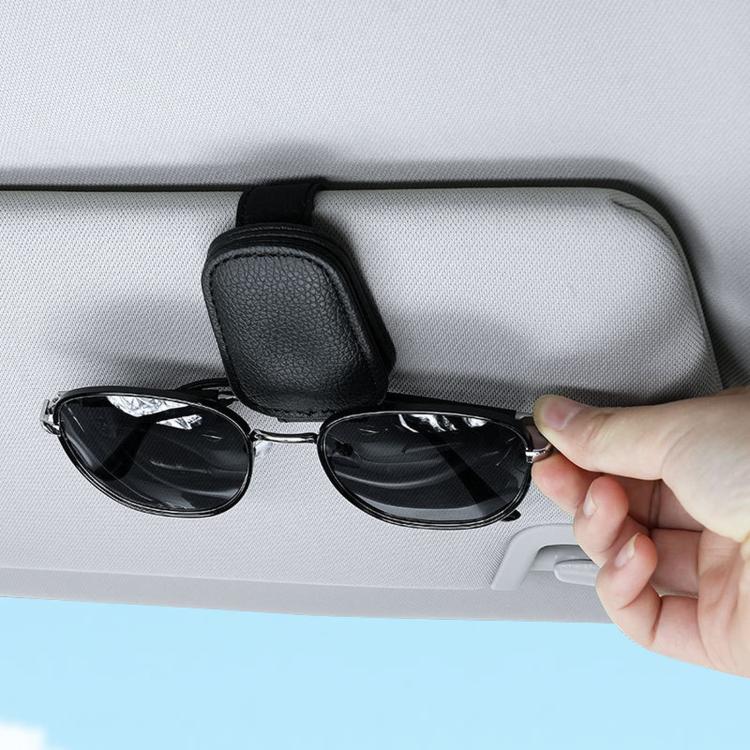 Black nappa leather sunglasses holder clip with hinged pouch, holding glasses
