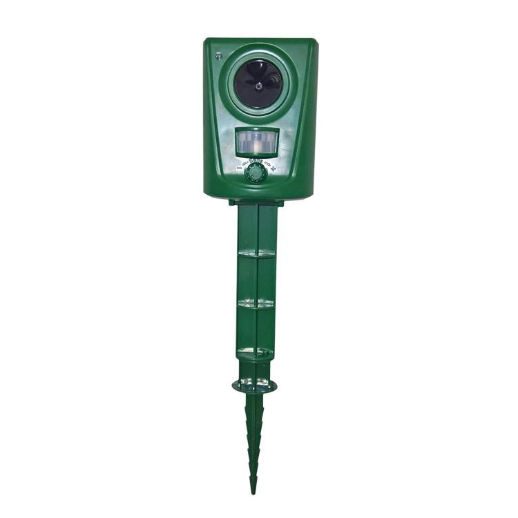 Green square infrared ultrasonic animal repeller unit with ground stake