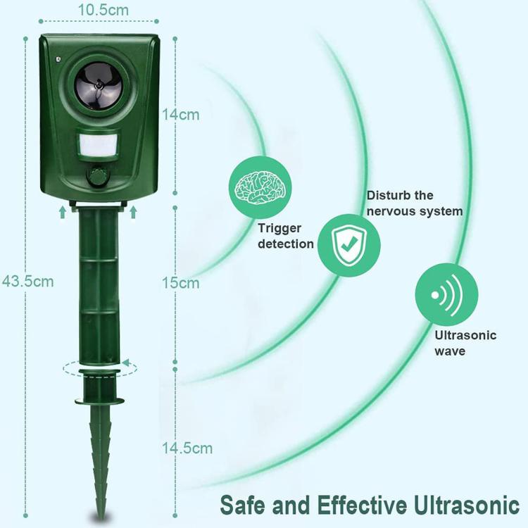 Green square repeller with PIR sensor window and ultrasonic speaker details