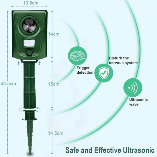 Green square repeller with PIR sensor window and ultrasonic speaker details