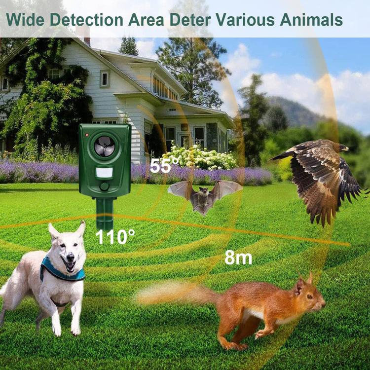 Green outdoor repeller on stake with sensor window and ultrasonic speaker