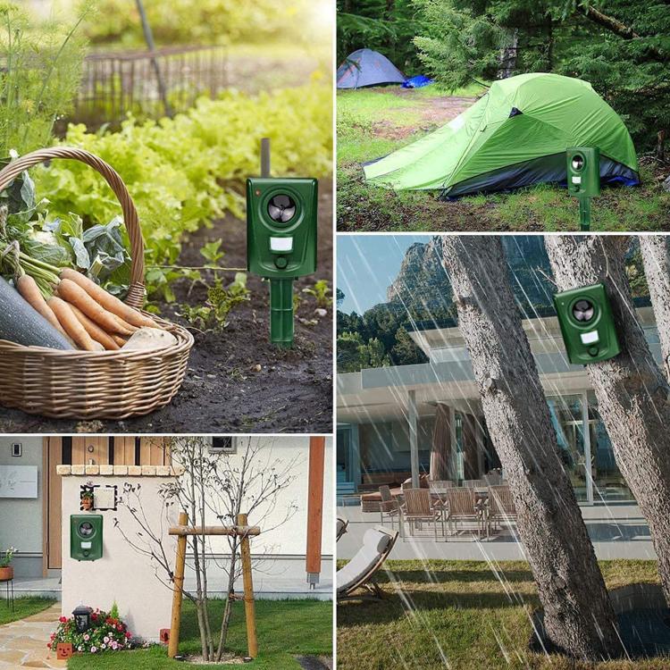 Green square repeller mounted outdoors on stake near garden and tent