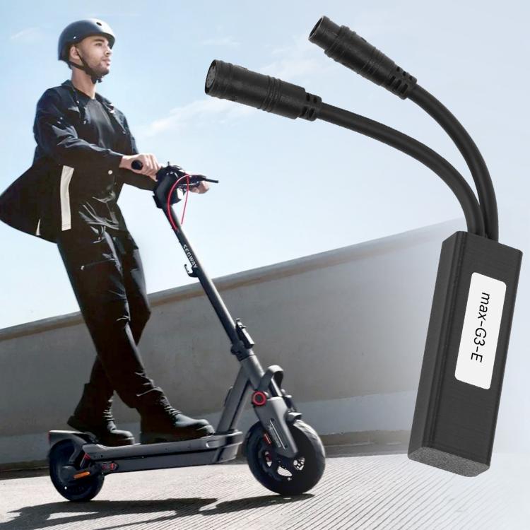 Electric scooter speed controller module connected by two cables near scooter handle