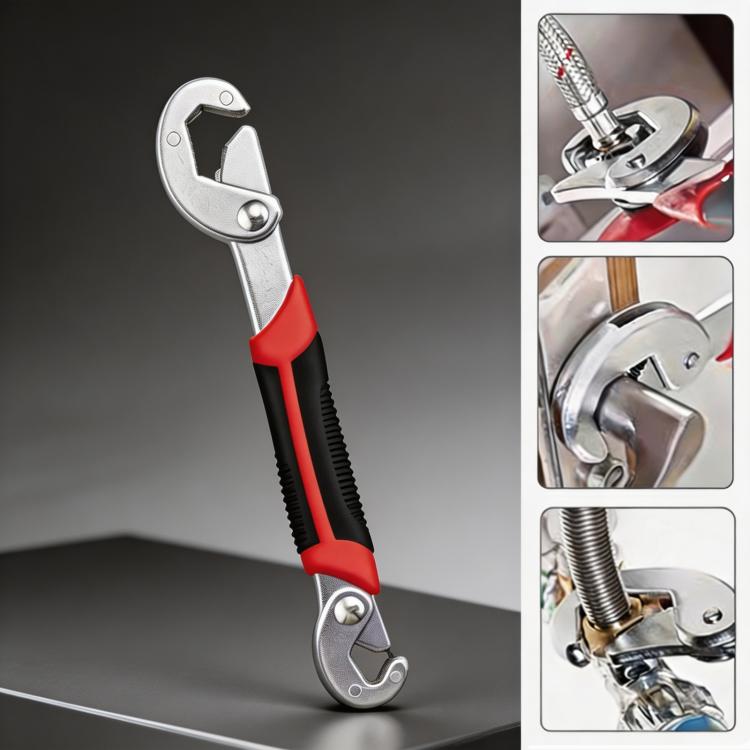 8-inch adjustable multi-function wrench with silver jaws and red-and-black handle